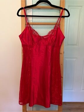 La Vie En Rose Red Y2K Satin Lace Slip Dress